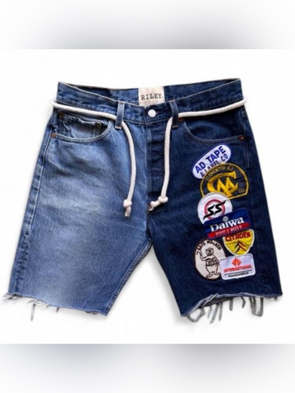 Riley x Levi's upcycled denim shorts with patches and rope belt